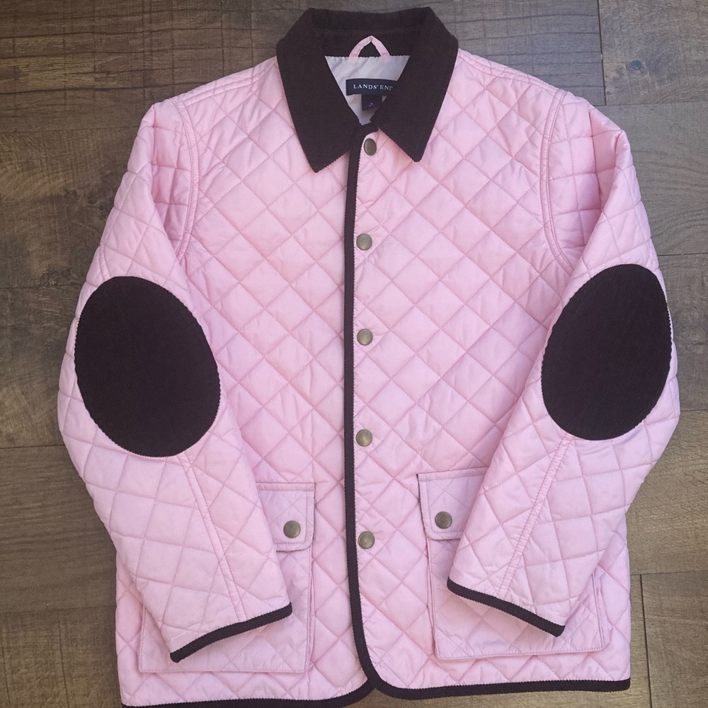 Lands' End Pink Quilted Barn Jacket w/ Corduroy Collar/Elbow Patches Size M10-12